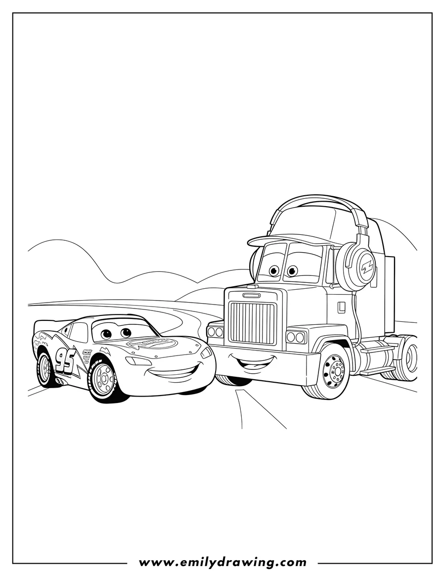 Outline drawing of lightning Mcqueen 95 and Mack Truck with headphones facing each other