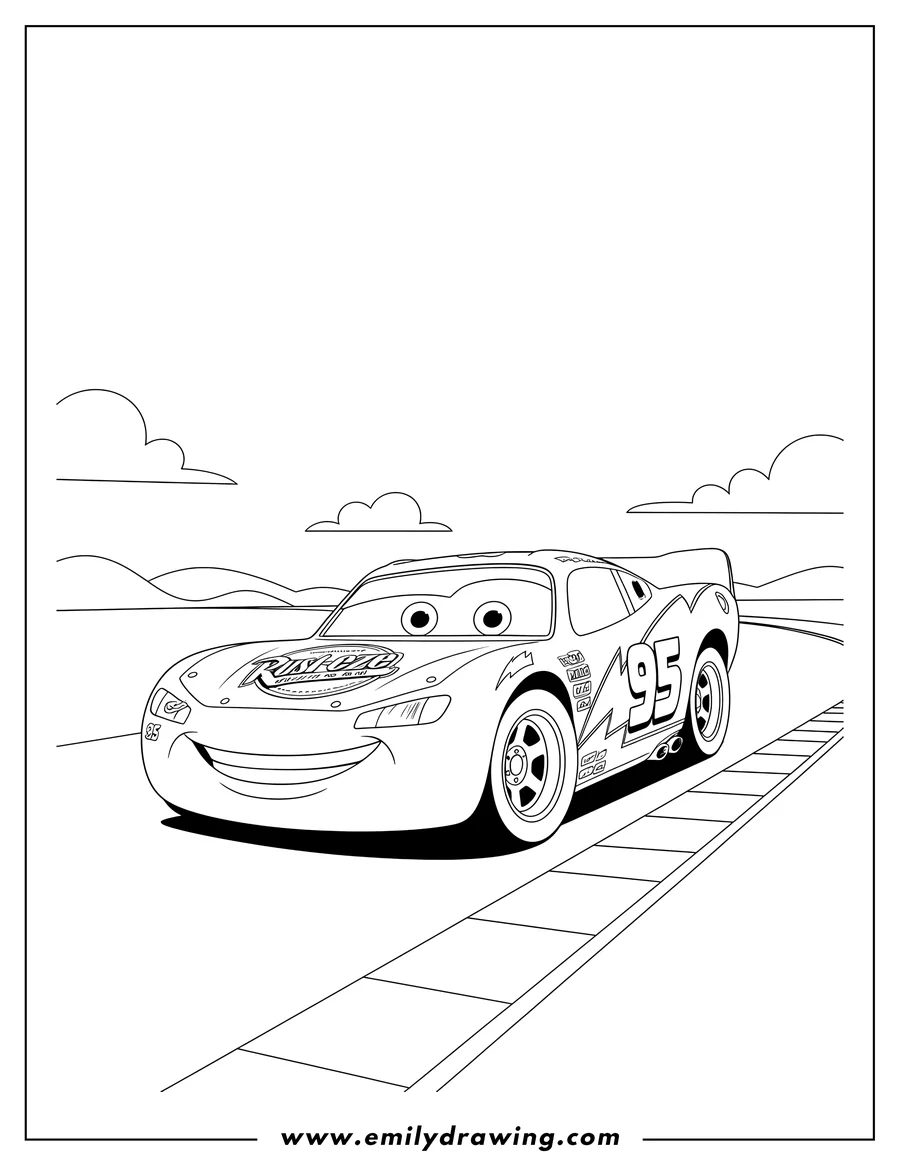 Simple sketch of easy Lightning Mcqueen Scaled, smiling on a race track to color