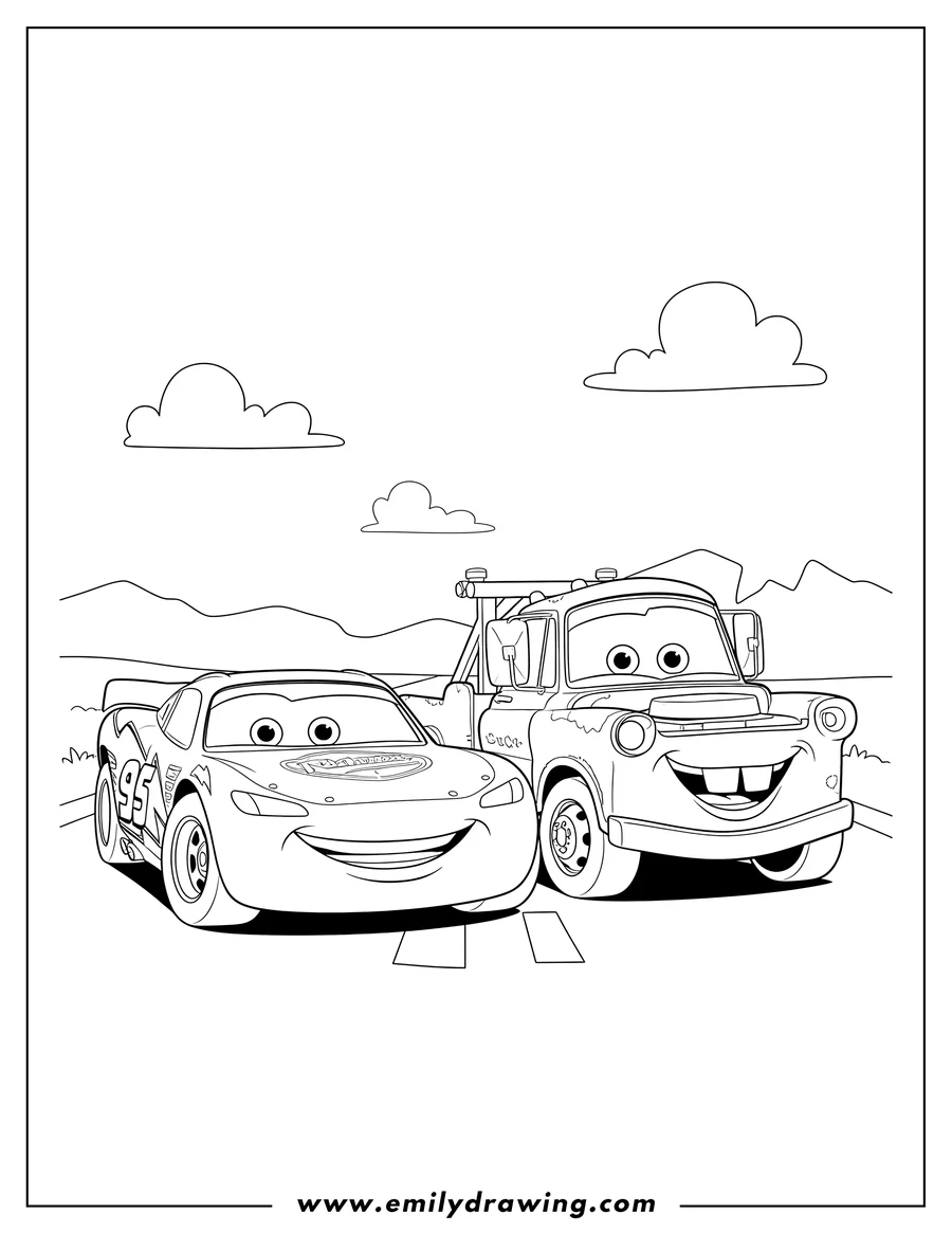 Free to print drawing of lightning Mcqueen With Mater smiling side by side
