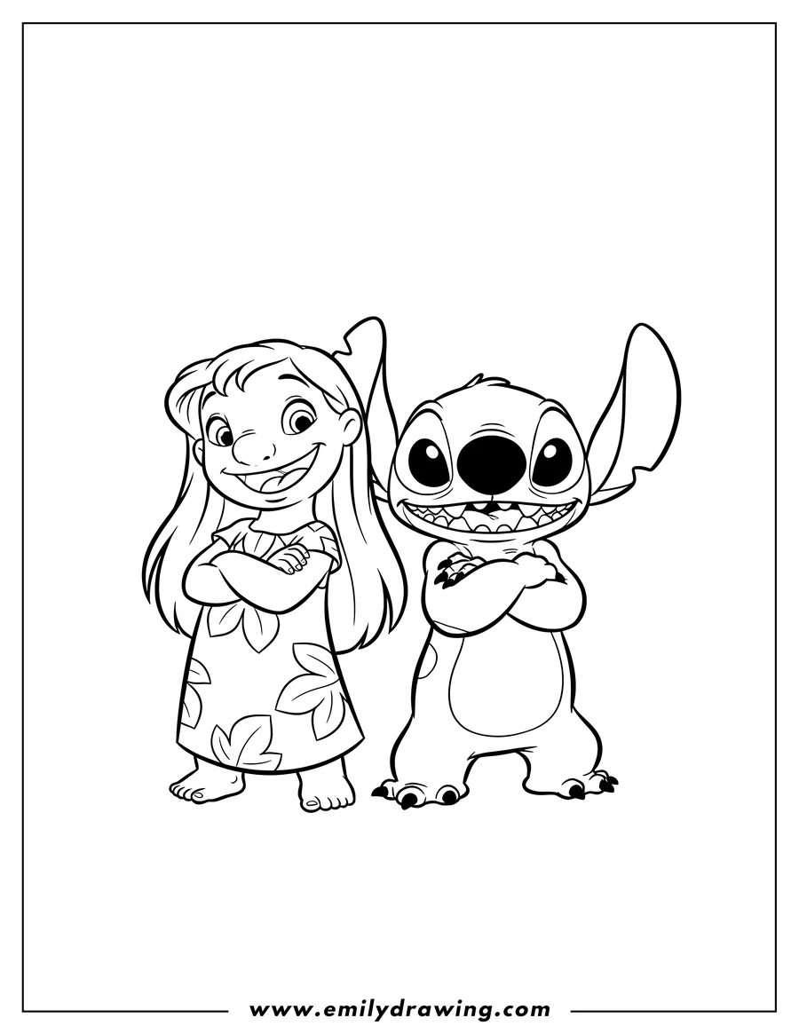 Coloring page for kids: lilo Stitch Disney Cover Image of Lilo and Stitch standing side-by-side with crossed arms and smiles