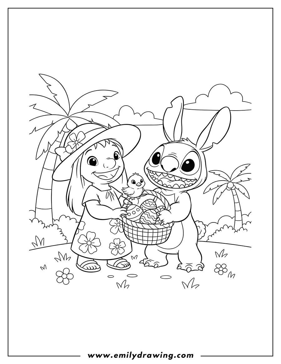 Doodle style coloring picture of lilo in a hat and Stitch in a bunny costume smiling, with Stitch holding a chick and a basket of Easter eggs