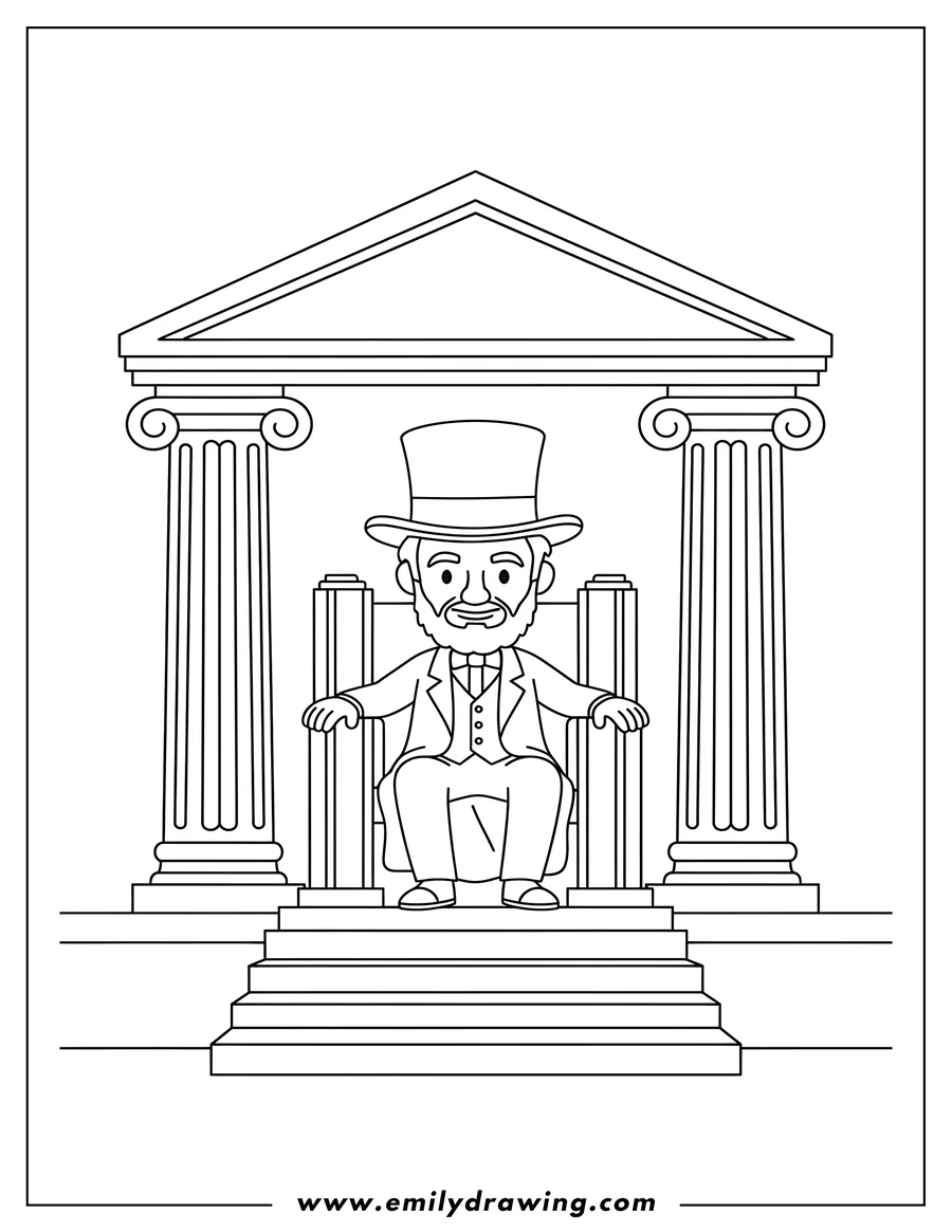 Free printable coloring sheet of easy Abraham Lincoln sitting at the Lincoln Memorial