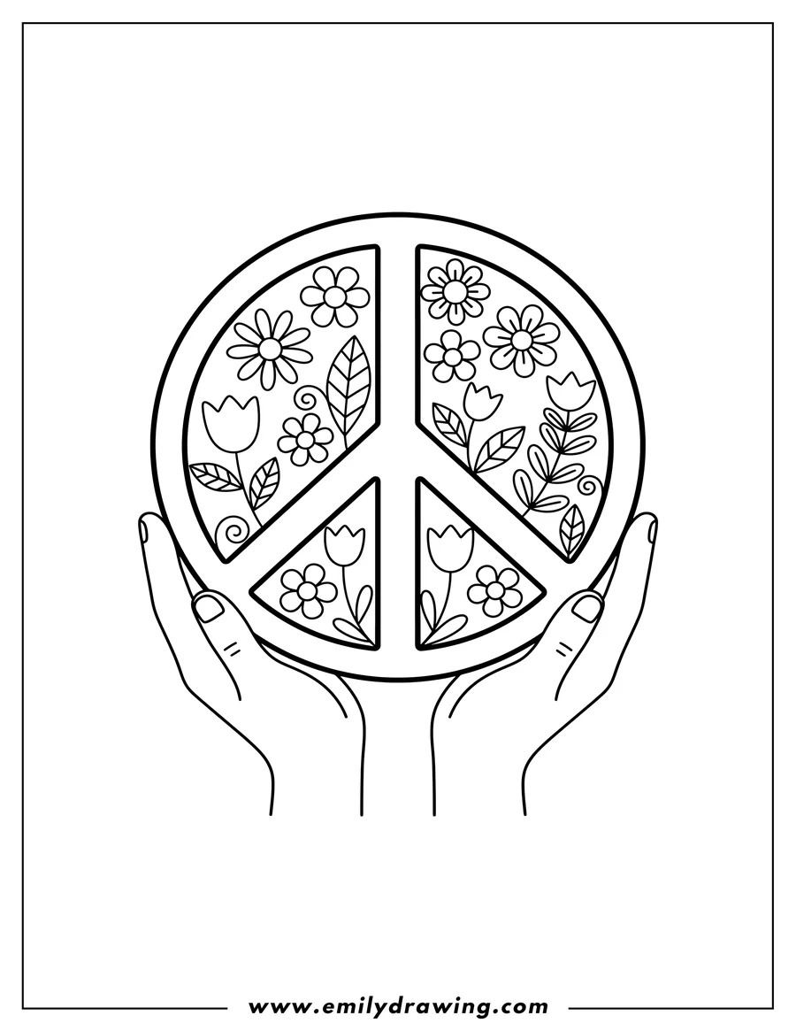 Coloring page of easy line art hands holding up an outlined peace symbol decorated with flowers and leaves