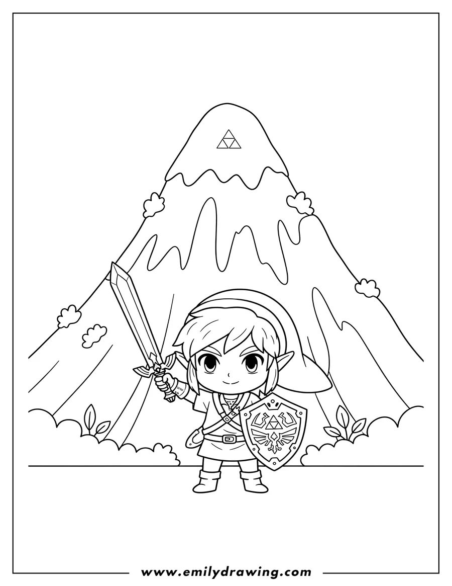 Free to print drawing of chibi Link holding a sword and shield at the bottom of Mount Tamaranch