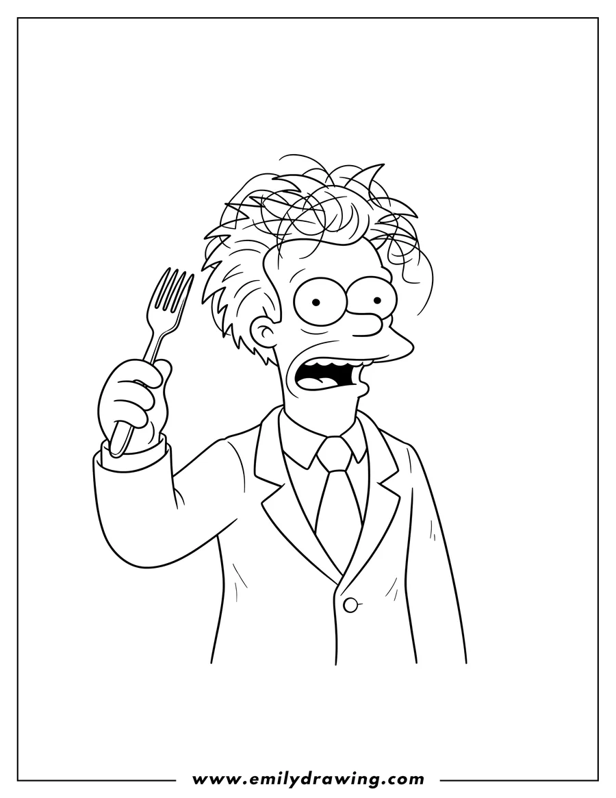 Clean line drawing: lionel Hutz in a suit and tie, wide-eyed and mouth open, combing his hair with a fork
