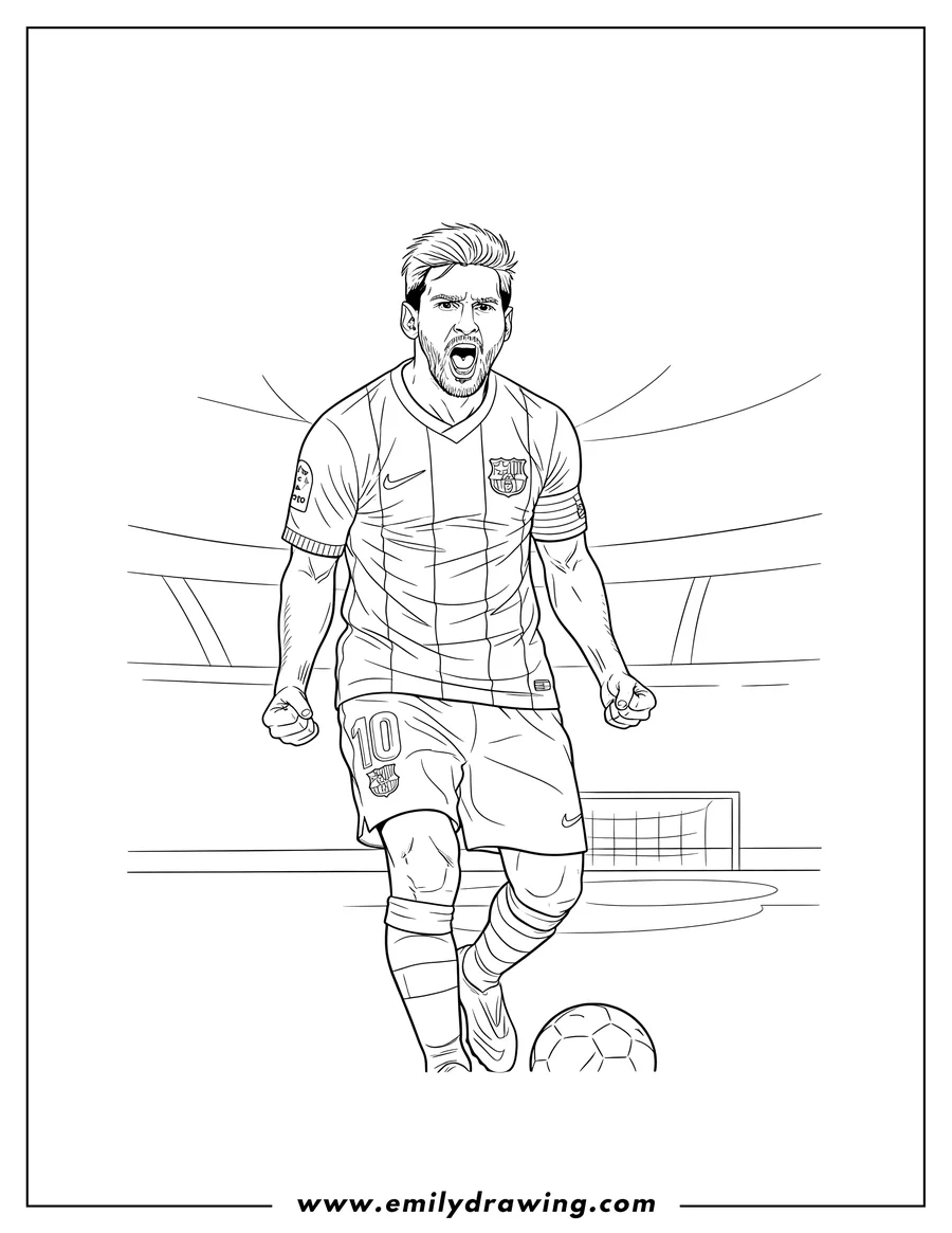 Doodle style coloring picture of lionel Messi Fired Up During Game, shouting and wearing his Barcelona jersey