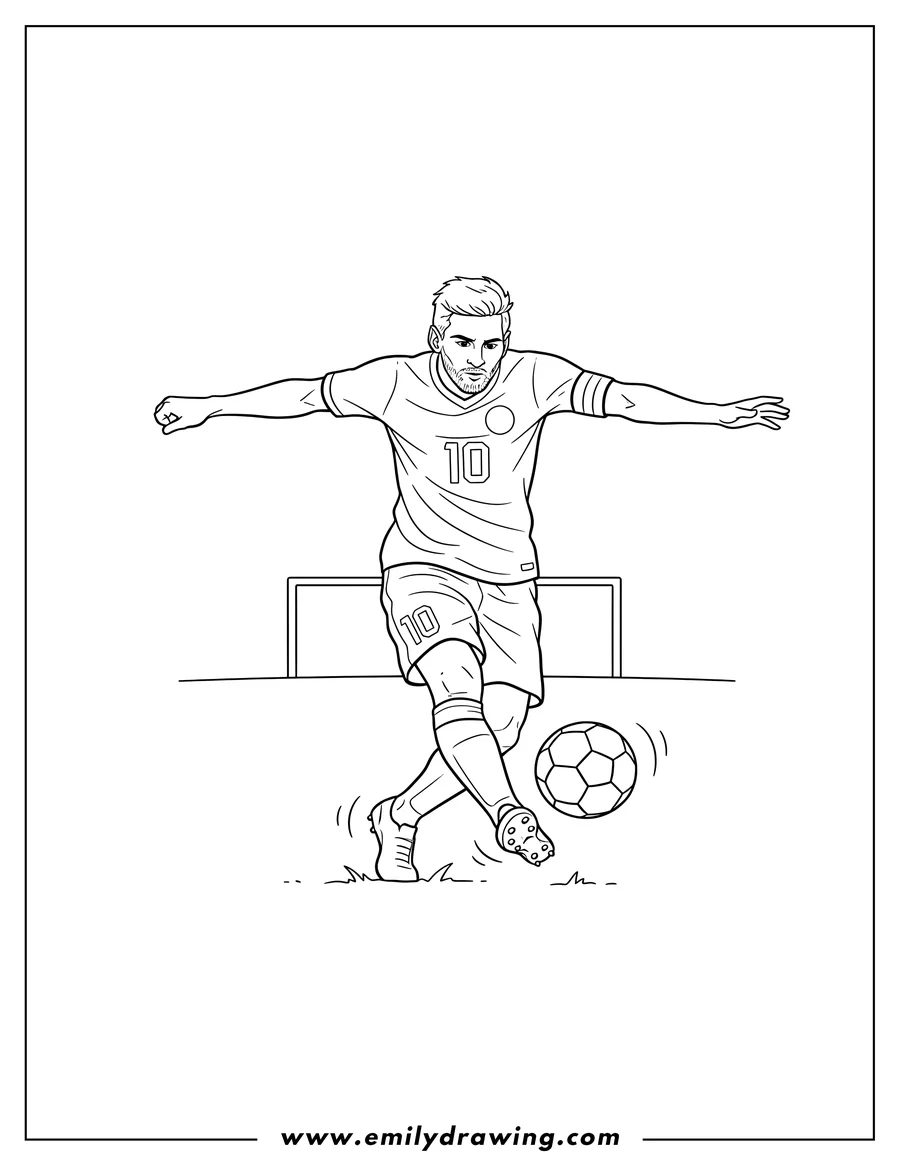 Full page coloring image of easy Lionel Messi kicking a soccer ball, wearing a number 10 jersey, with his left arm extended