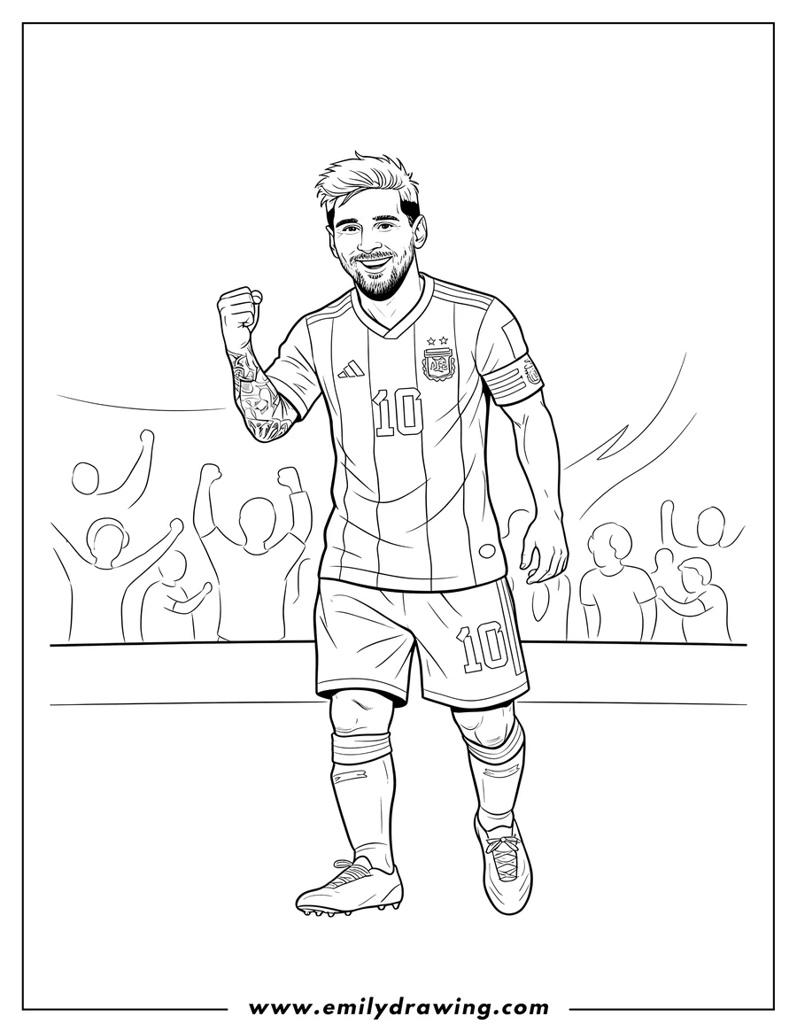 Vector style outline of lionel Messi smiling, making a fist pump, wearing his number 10 jersey