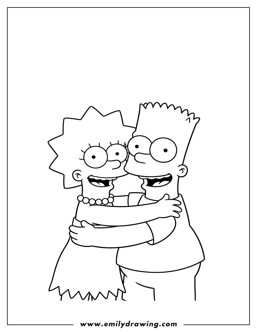 Coloring page for kids: lisa Simpson hugging Bart Simpson, both smiling