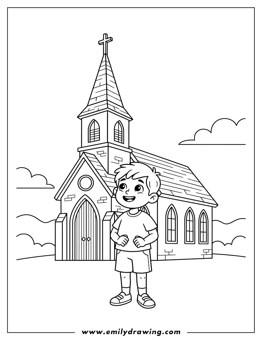 Simple sketch of little boy looking at a church with a steeple and cross to color