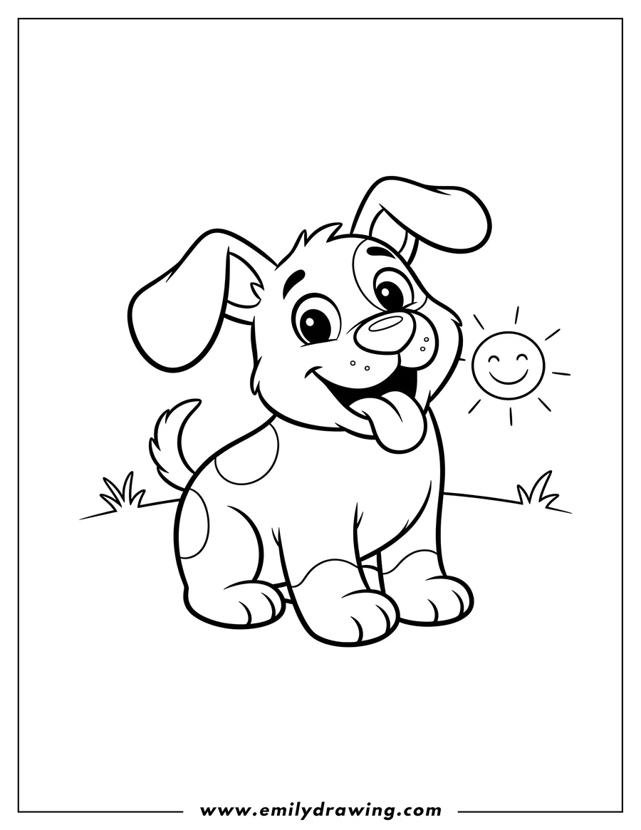 Downloadable coloring page of easy Little Brother Preschoolers coloring page of a happy cartoon dog with floppy ears and tongue sticking out
