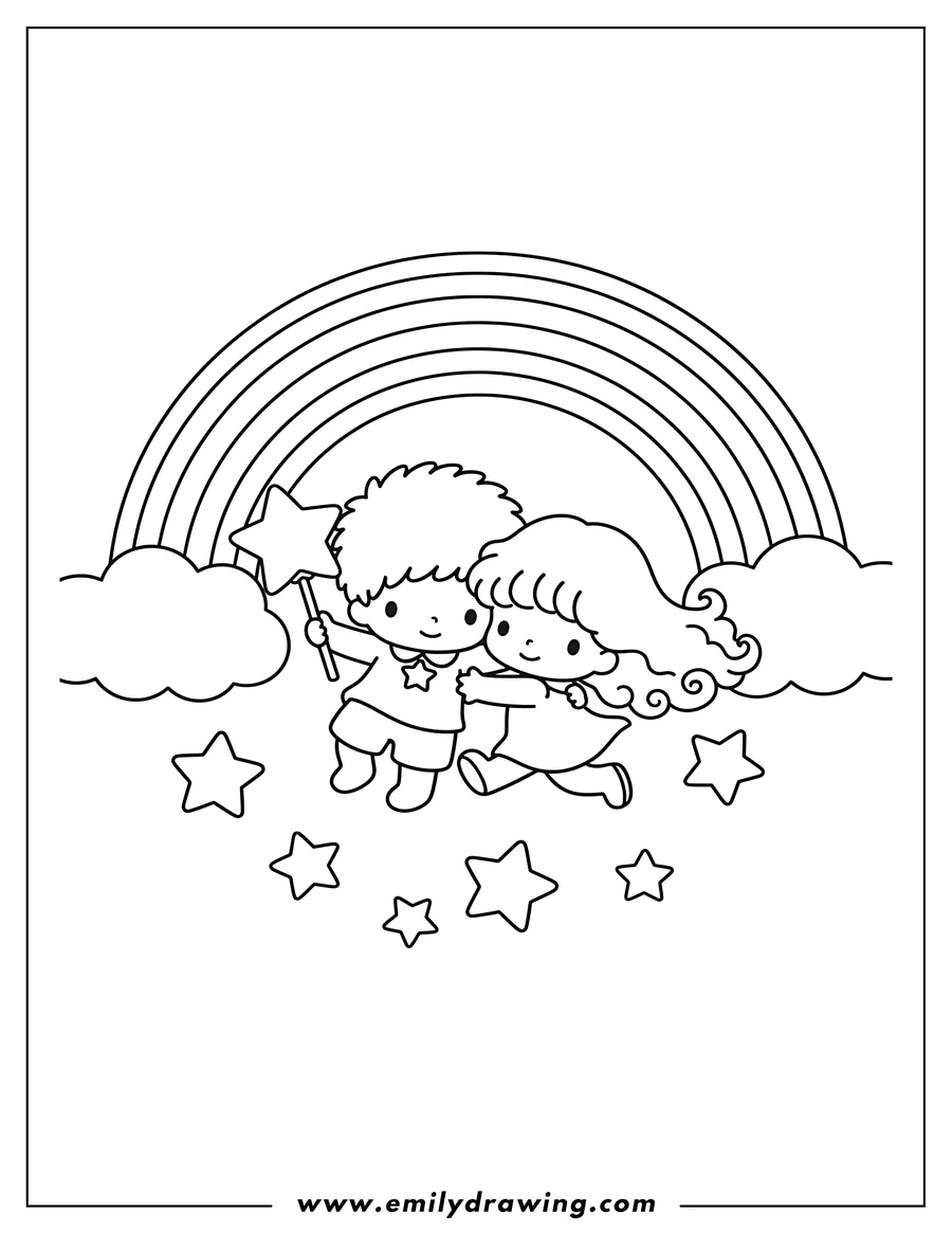 Coloring page for kids: little Twin Stars Logo featuring Kiki holding a star wand, Lala embracing him, and a rainbow