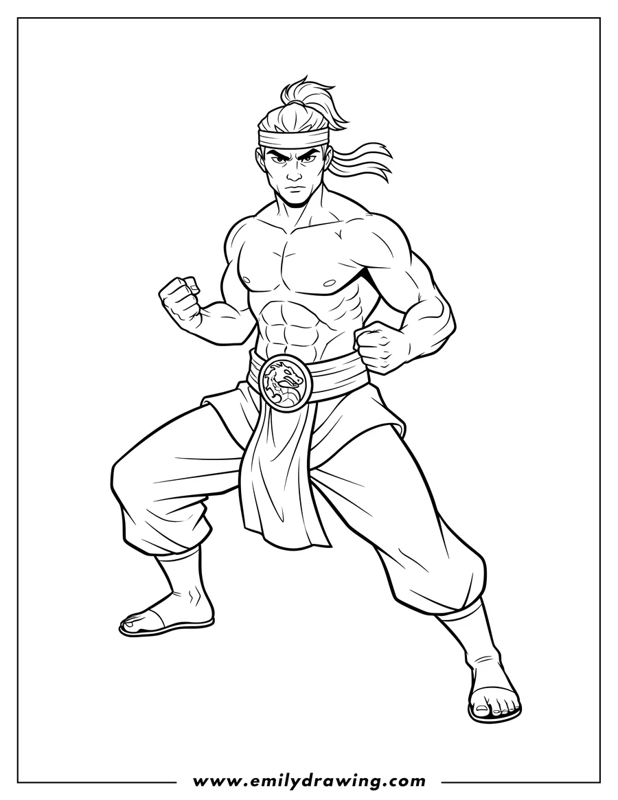 Coloring sheet featuring easy Liu Kang Mortal Kombat, shirtless and in a martial arts stance, with a dragon belt buckle