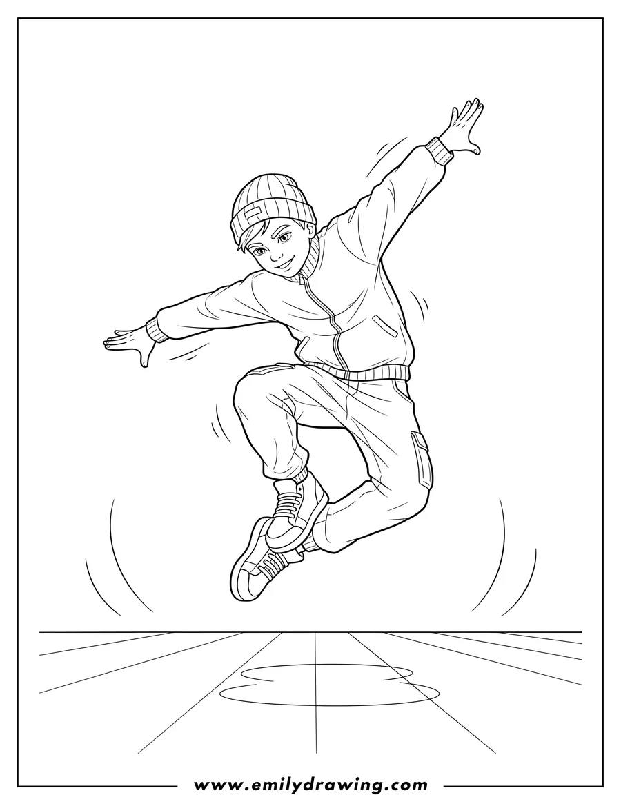 Coloring sheet featuring lively Breakdancer in a beanie and jacket, mid-jump with arms out