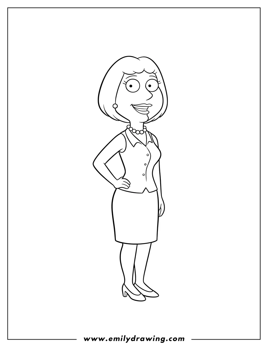 Full page coloring image of family Guy Lois Griffin standing and smiling with one hand on her hip