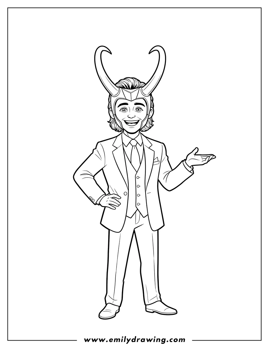 Linear illustration of loki in a suit, wearing a horned helmet and smiling broadly