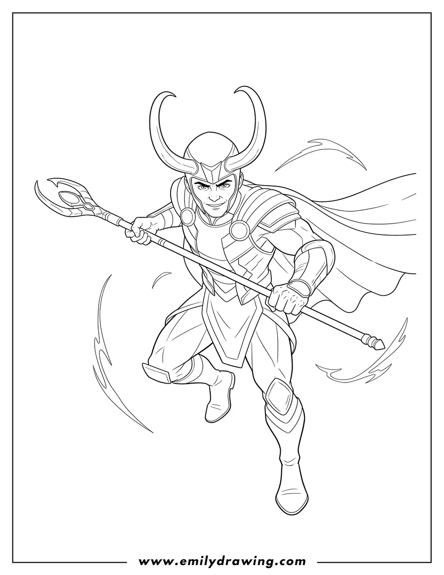 Doodle style coloring picture of loki lunging forward with his helmet and scepter