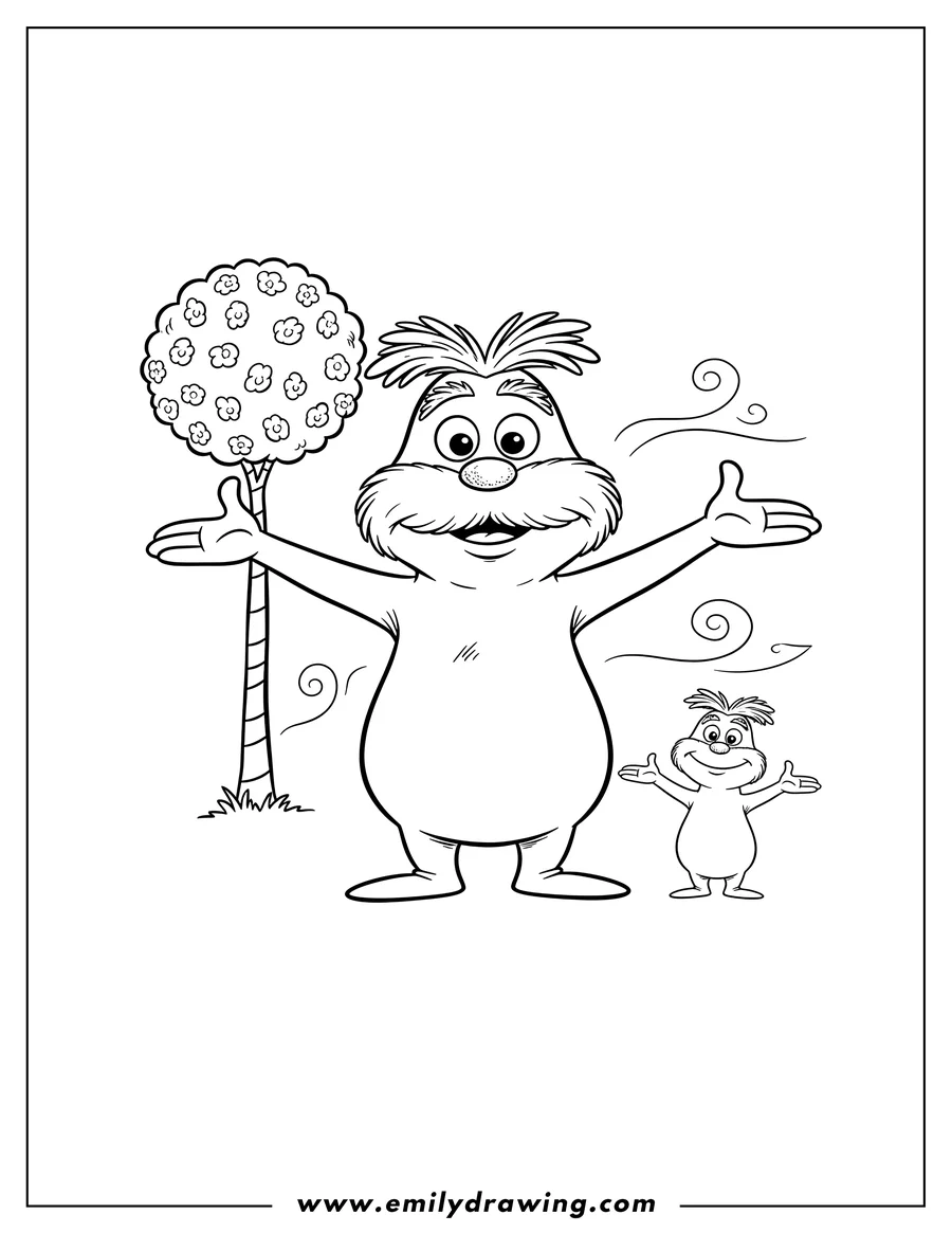 Printable coloring page of easy Lorax standing with open arms