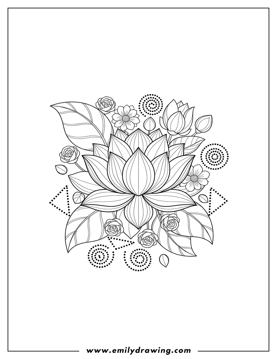 Simple sketch of lotus flower with small surrounding flowers, leaves, and geometric dotted patterns to color