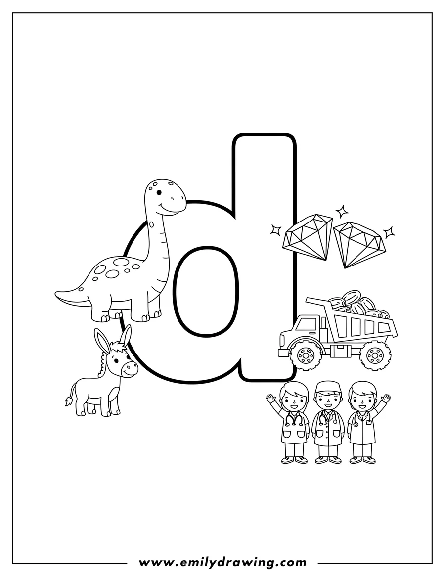 Coloring page for kids: large lowercase Letter D coloring page with a cartoon dinosaur, donkey, two diamonds, dump truck with raised bed, fruit dates, and a group of doctors