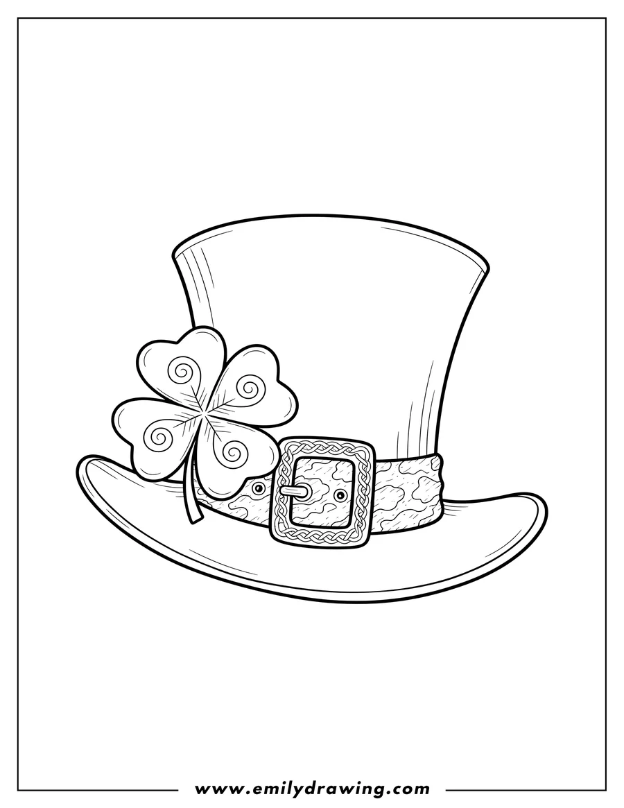 Doodle style coloring picture of lucky St Patrick's Day top hat with a shamrock and buckle to color