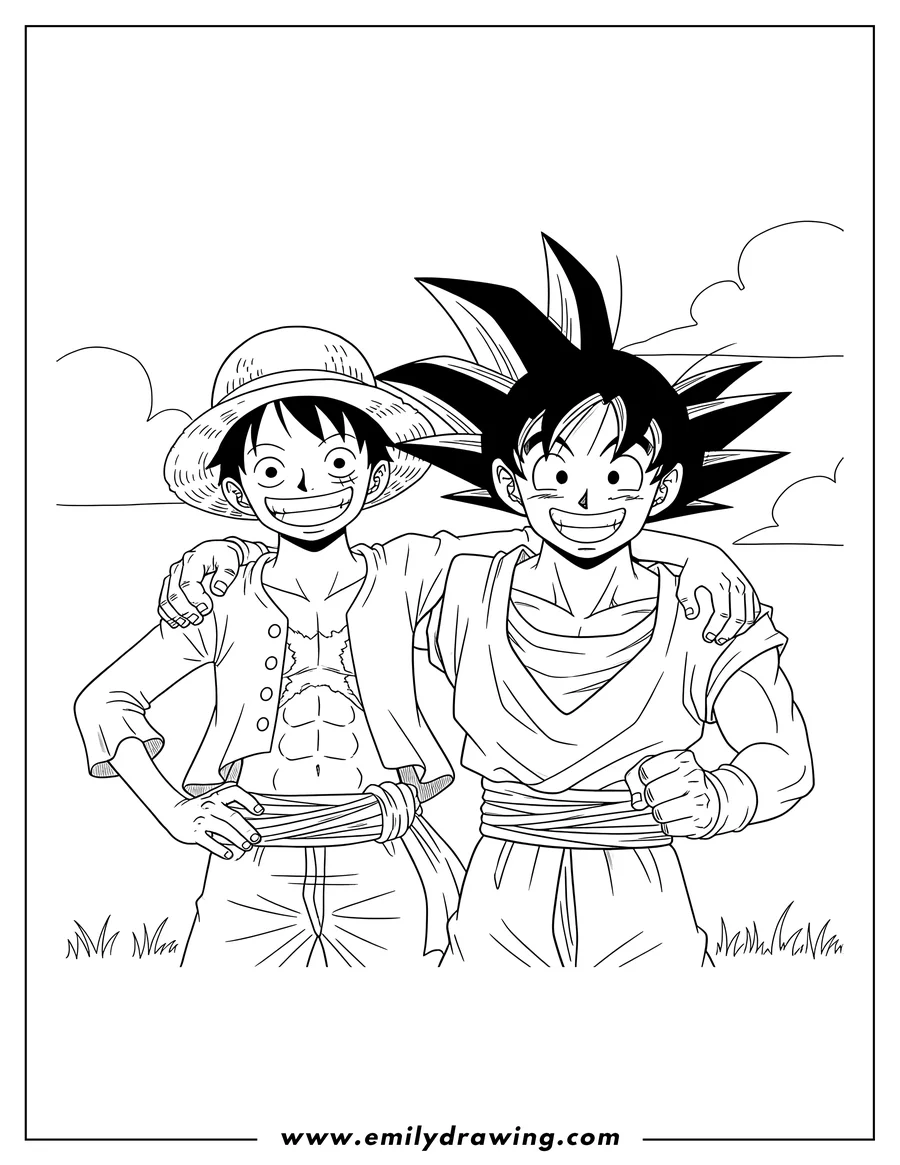 Full page coloring image of luffy and Goku smiling with arms around each other