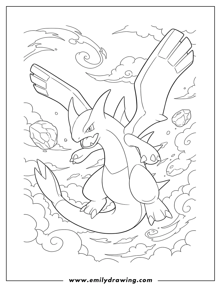 Printable coloring page of lugia Battle Mode Legendary Pokemon flying with wings spread and grinning