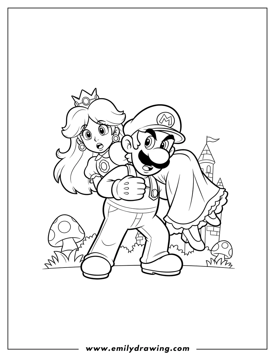 Printable line art of luigi carrying a surprised Princess Daisy over his shoulder