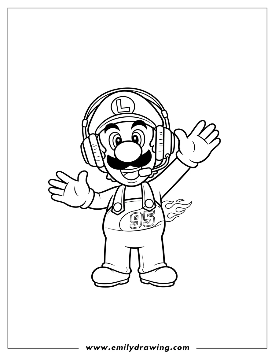 Printable coloring page of easy Luigi with Headset, smiling and with a 95 flame decal