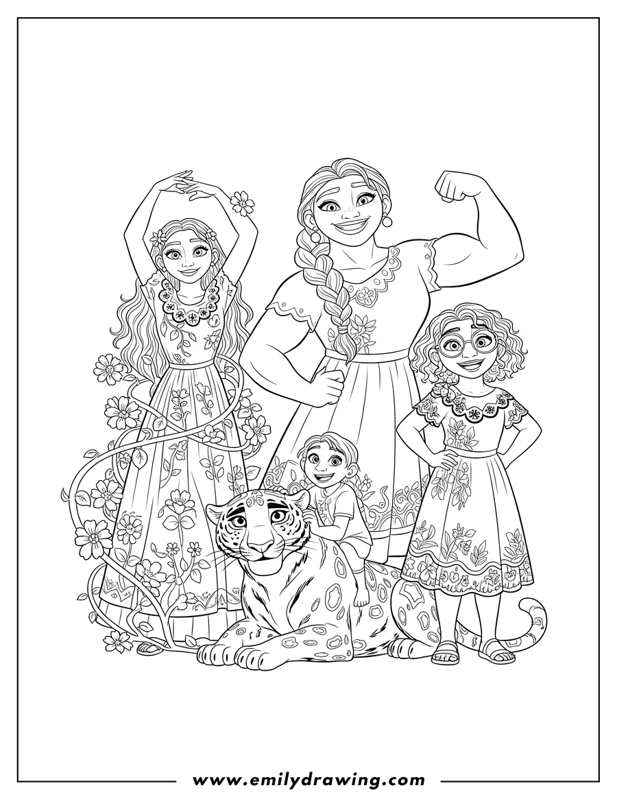 High quality printable luisa flexing, Mirabel smiling, Isabela gracefully posing, and Antonio for coloring