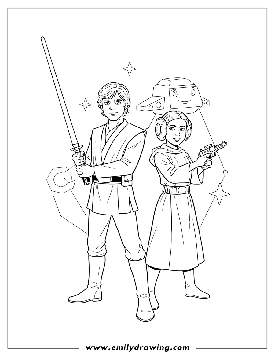 Downloadable coloring page of luke Skywalker with a lightsaber and Princess Leia with a blaster