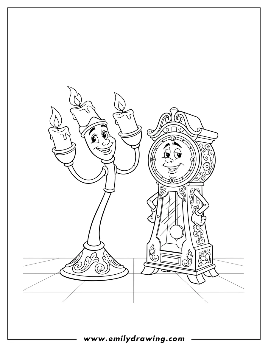 Free printable coloring sheet of lumiere And Cogsworth, the candelabra and clock, standing side-by-side
