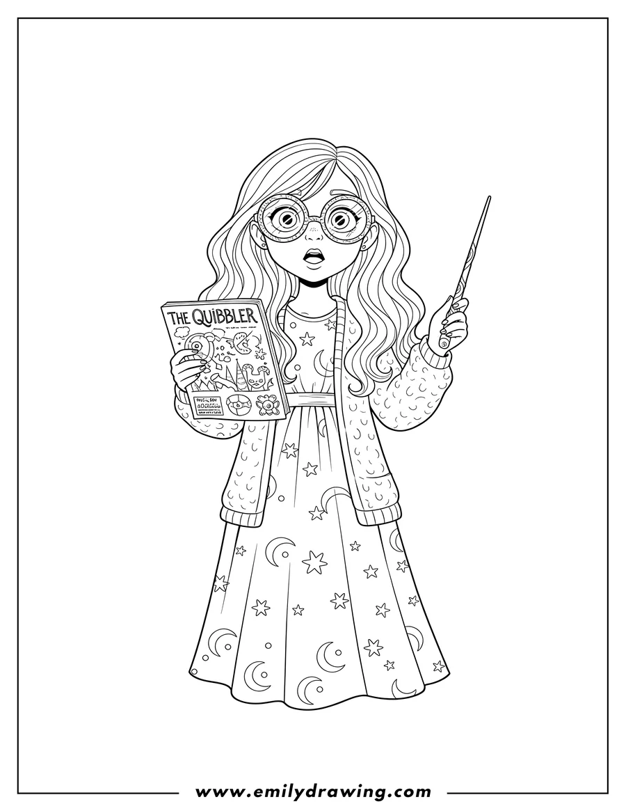 Vector style outline of luna Lovegood wearing Spectrespecs, holding a magazine and a wand