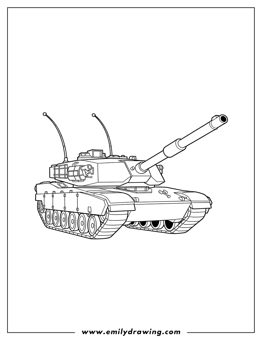 Coloring sheet featuring easy M1A2 Sep U.S. Tank with main gun angled up and prominent antennae