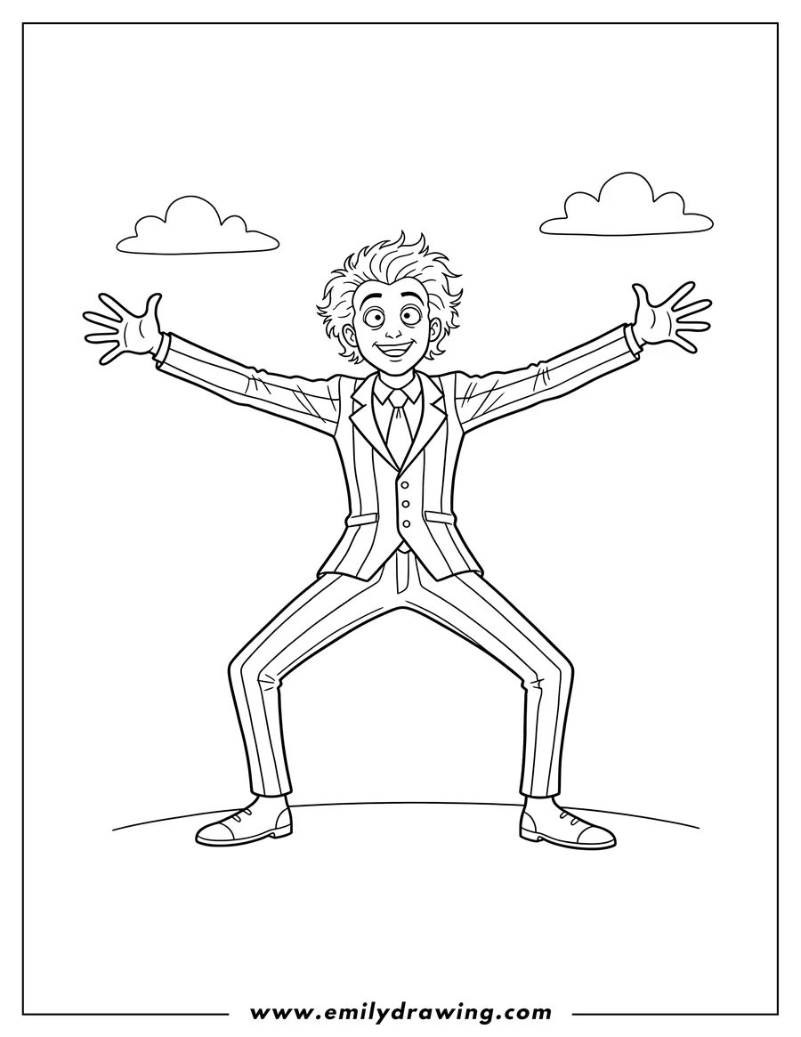 Printable coloring page of mad Beetlejuice with arms and legs spread wide, looking up at the sky, wearing his striped suit