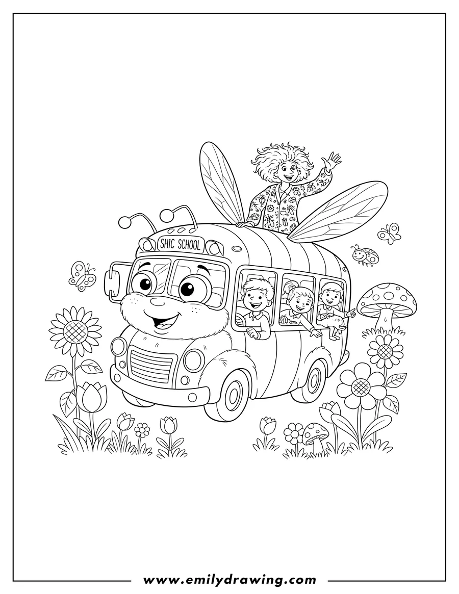 Vector style outline of magic School Bus as a bee flying through a garden with Ms. Frizzle and students