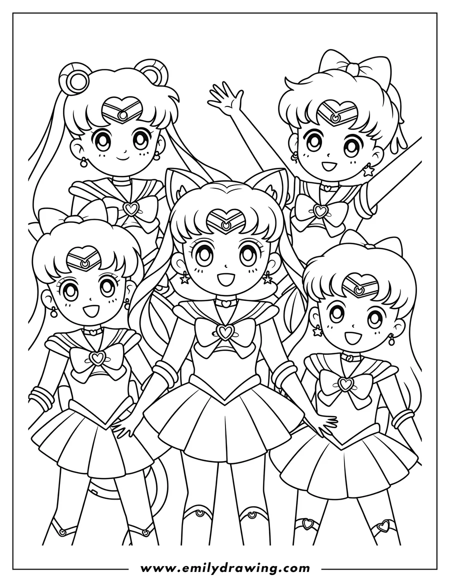 Black and white line art of magical Girl (Center)