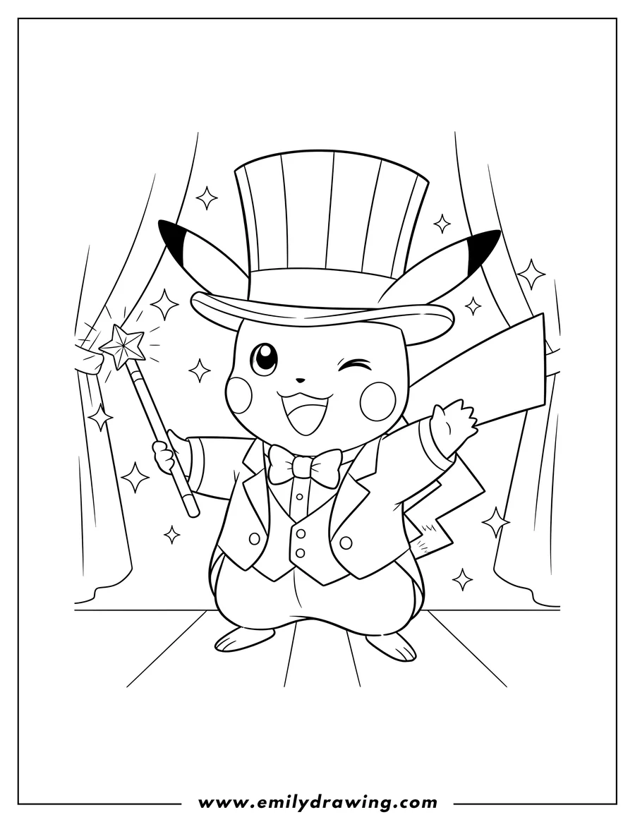 PDF style coloring page: magical Pikachu wearing a top hat and tuxedo, winking and smiling, holding a magic wand