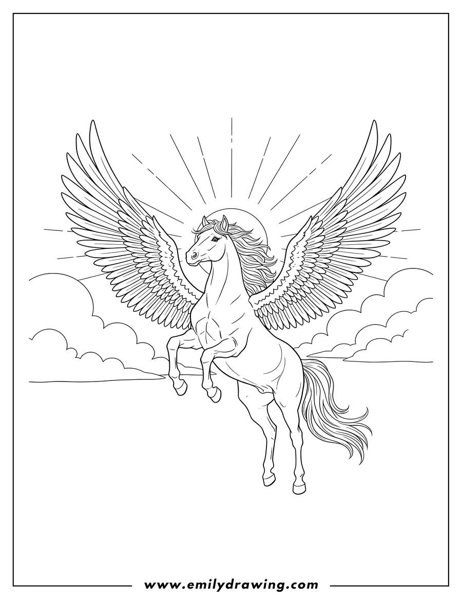 Black and white line art of majestic Pegasus With Large Wings, soaring upwards