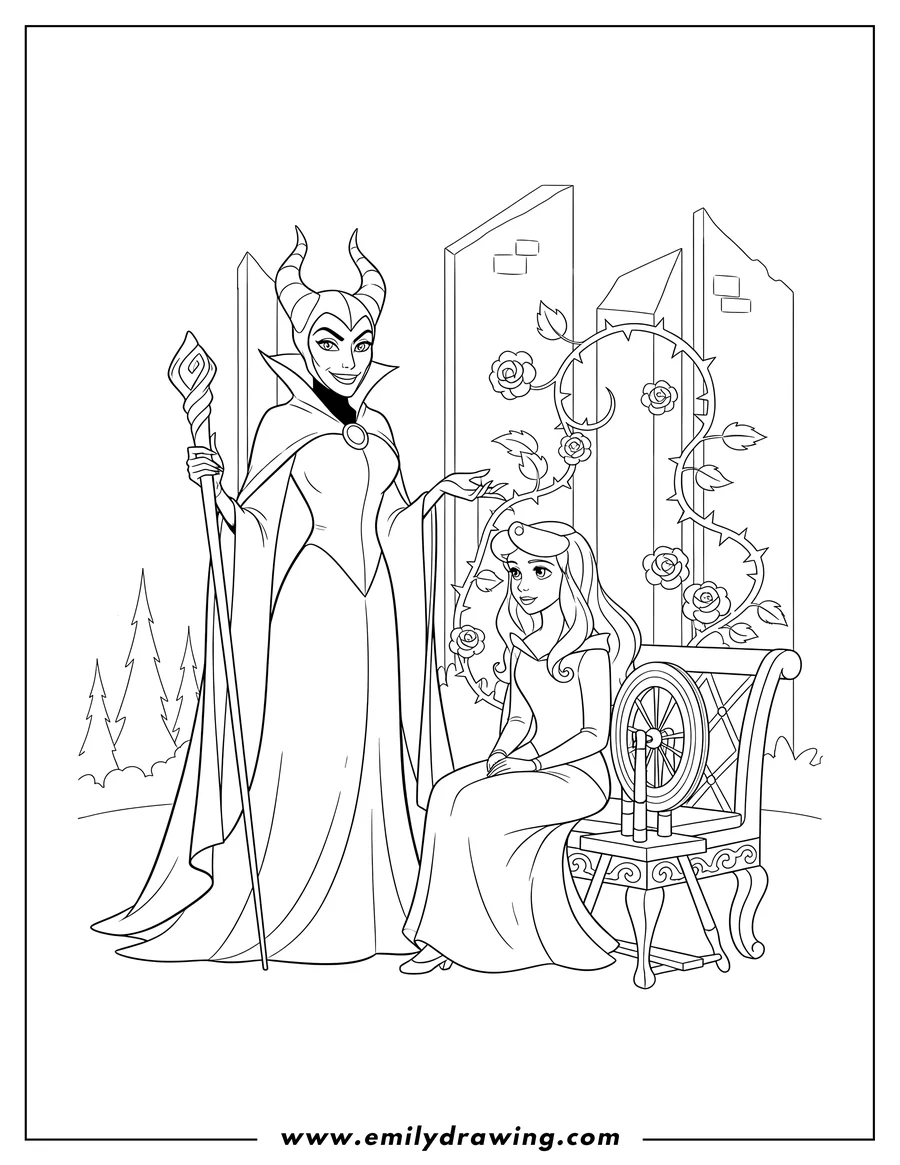 Linear illustration of maleficent standing with her raven staff, watching Aurora sitting by the cursed spindle