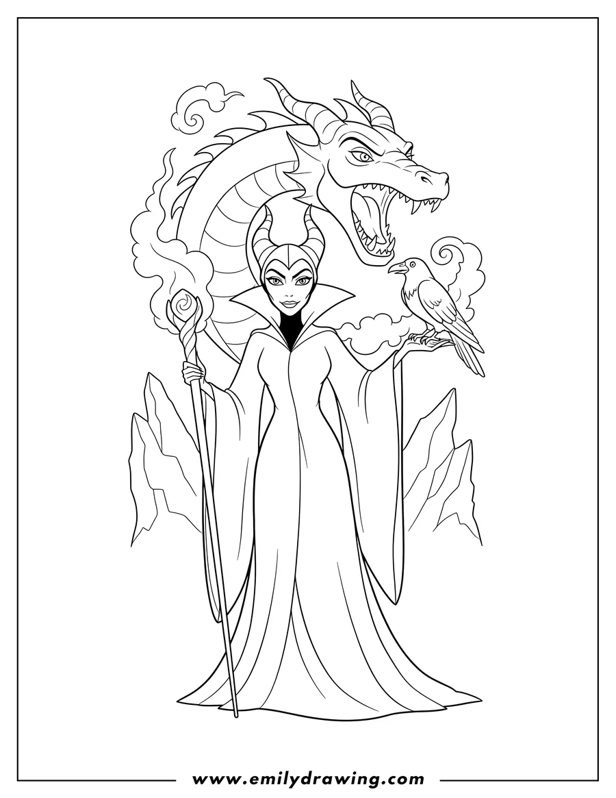 Black and white line art of maleficent holding a staff, with a raven perched on her arm, and a dragon head in the background