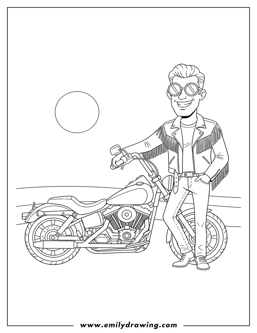 Doodle style coloring picture of man wearing sunglasses standing and leaning on a Harley Davidson motorcycle