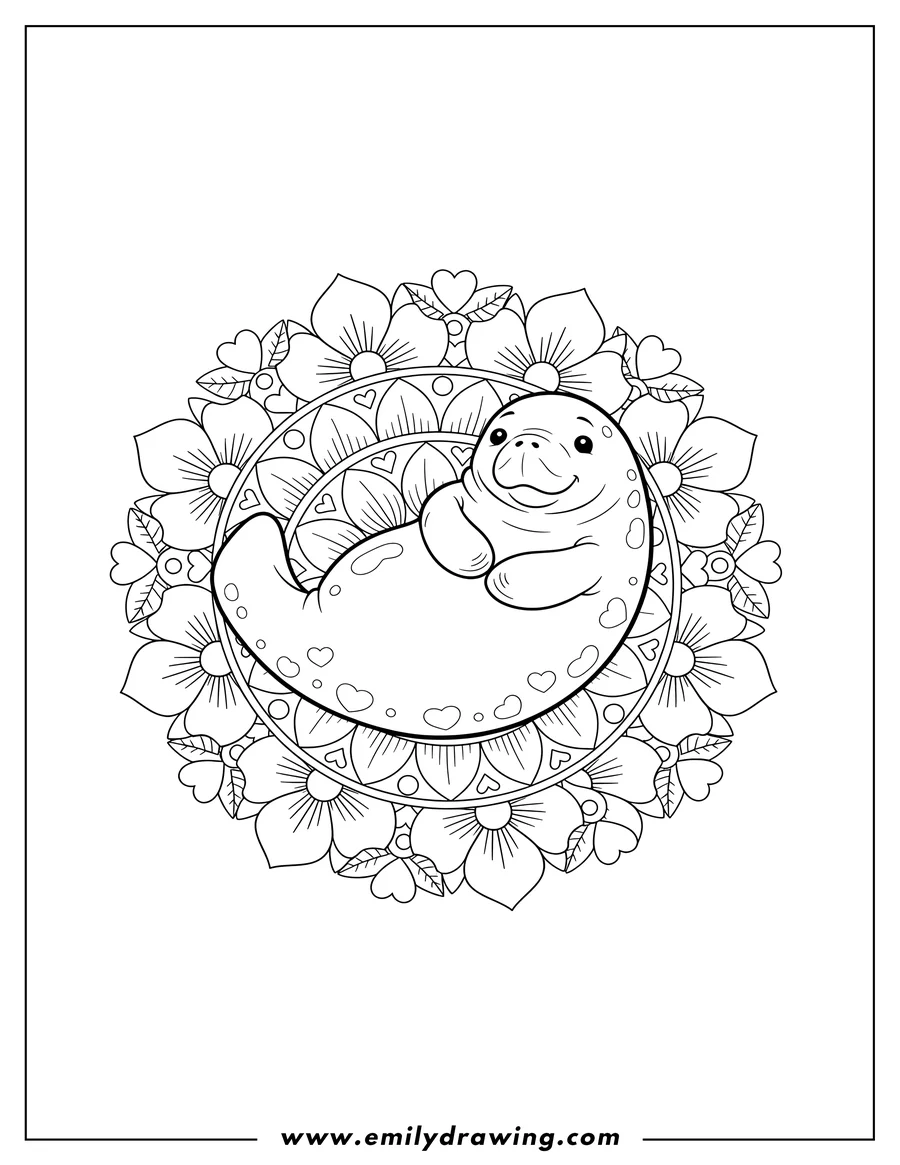 Coloring page of easy Manatee lying down in a Flower Mandala