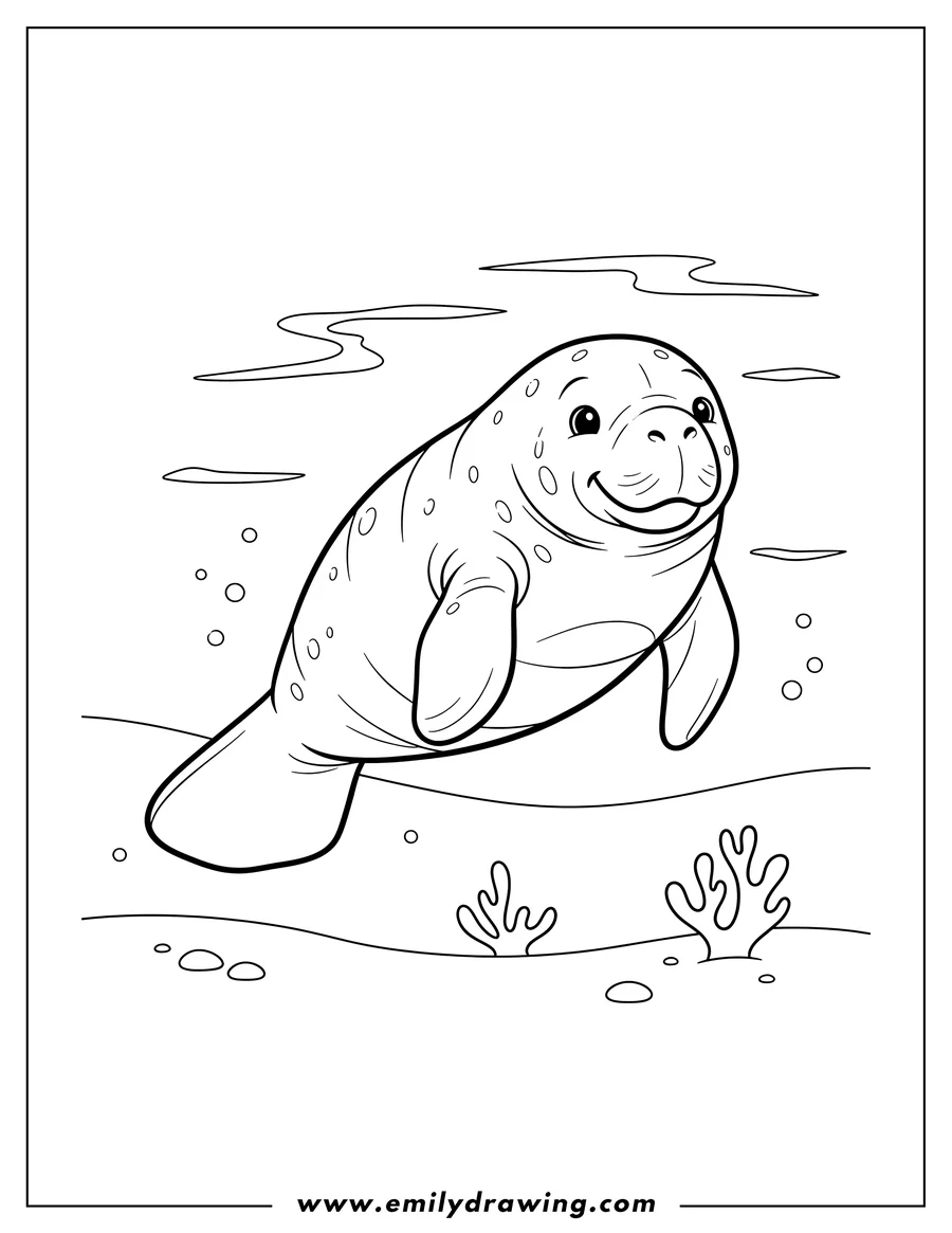 Free to print drawing of easy Manatee Outline, smiling, swimming