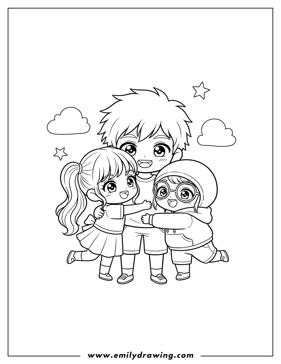 Linear illustration of easy Manga friends Anime Outline To Color, grouped together and hugging