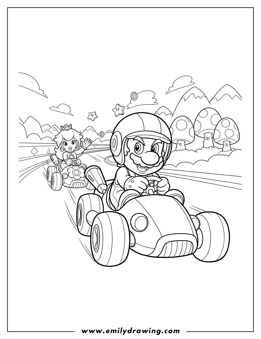 Full page coloring image of mario Kart racing with Mario and Princess Peach