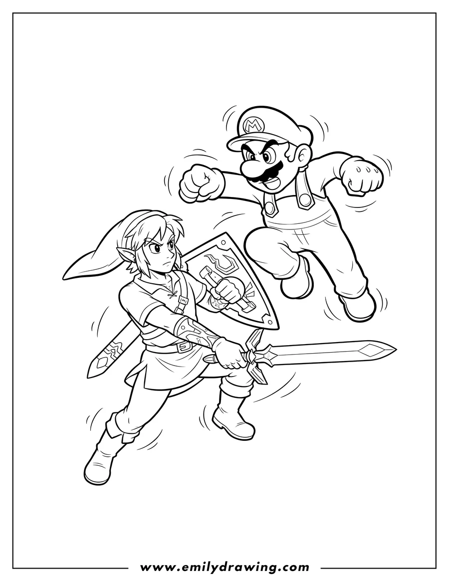 Free to print drawing of mario fighting Link, Mario leaping, Link with sword