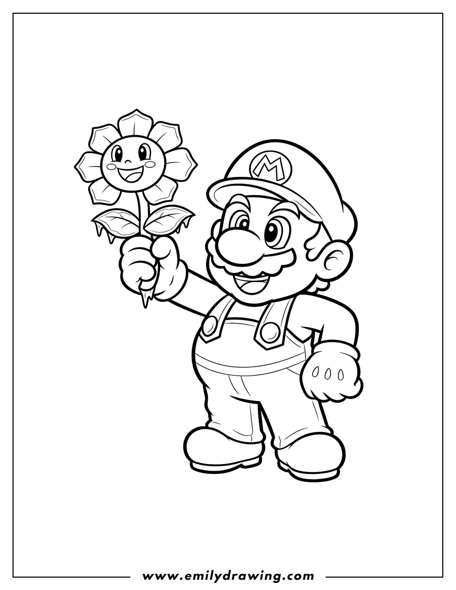 Coloring page for kids: mario smiling and holding up a frozen flower with a happy face