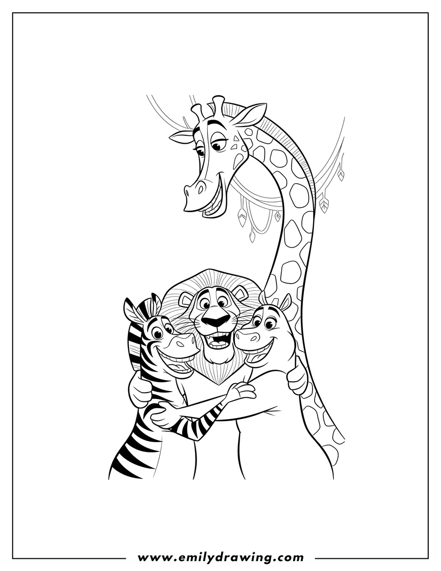 Linear illustration of marty, Melman, Alex, and Gloria smiling in a group hug, with Melman's neck arching over them