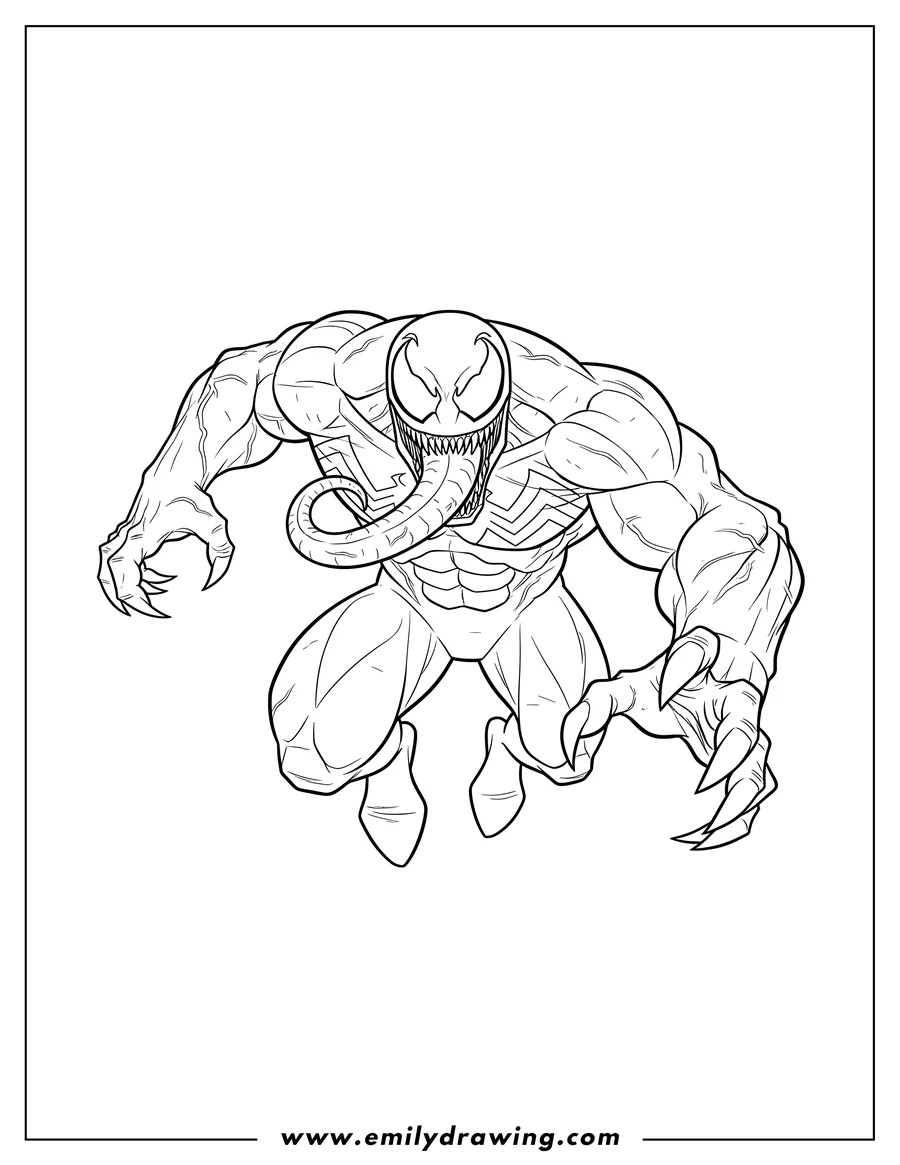 Full page coloring image of marvel Venom lunging forward with long tongue